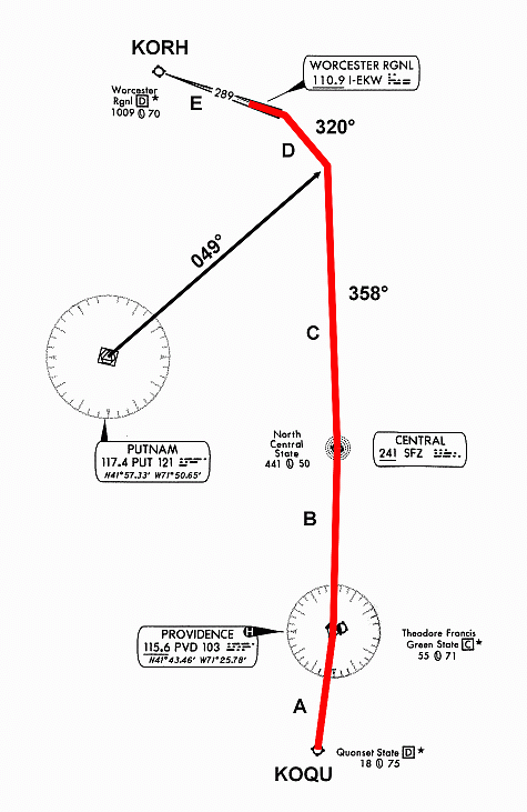 Quonset to Worcester on IFR chart.