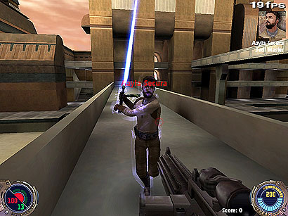 Player being attacked by the Jedi Master. Notice the glow around him and the exposed areas to aim for...